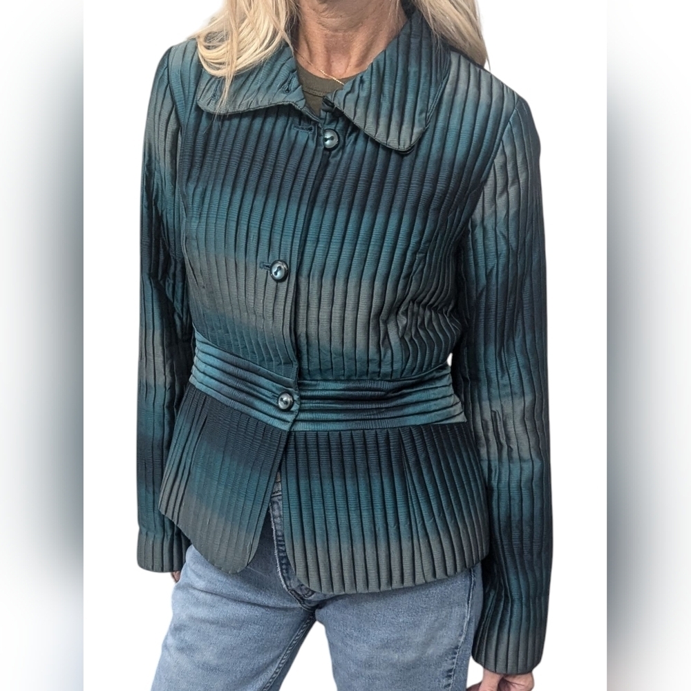 Yansi Fugel Pleated Textured Jacket Teal Sculptural Button Front Size 2